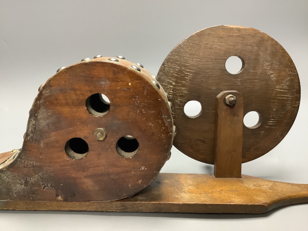 An 19th century pair of wood and copper mechanical peat bellows, length 60cm